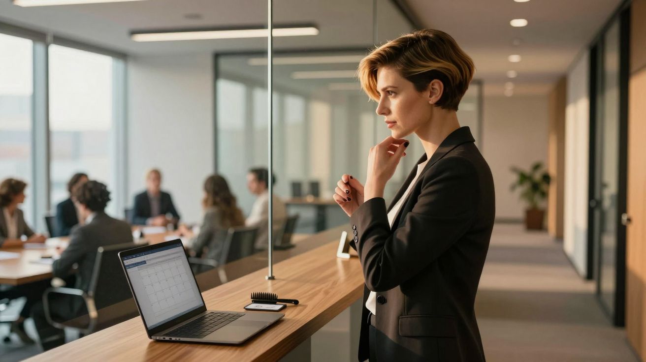 Mulher de negócios pensativa em escritório moderno com laptop e equipe reunida ao fundo.