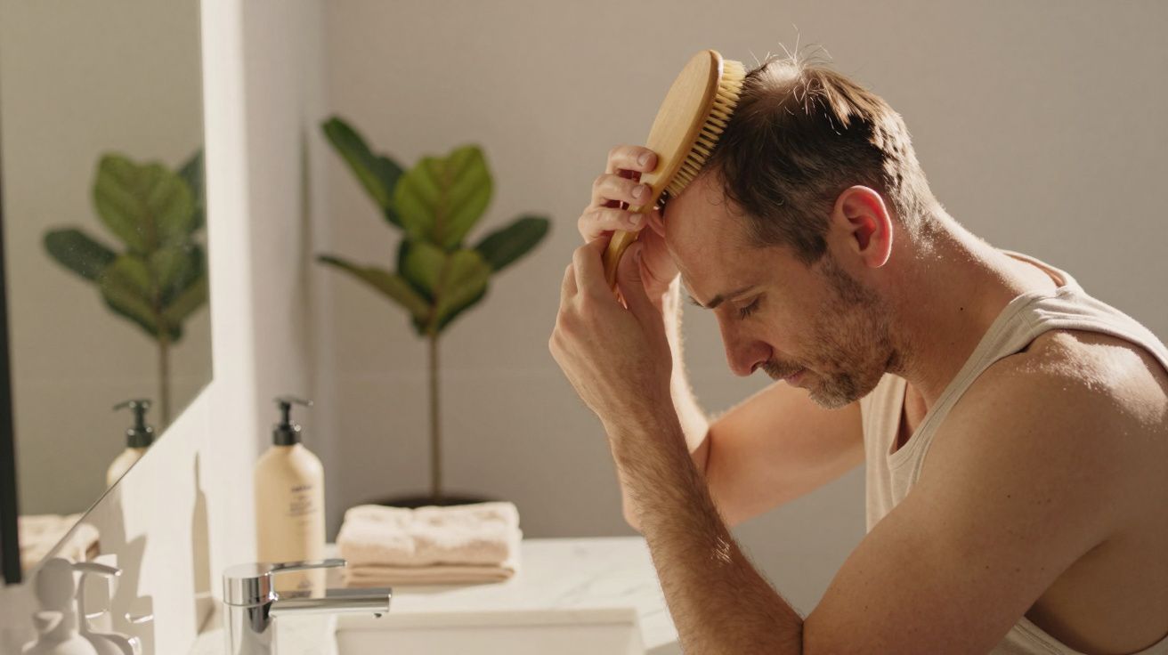 Homem careca penteando o cabelo com escova em banheiro iluminado, espelho e planta ao fundo.