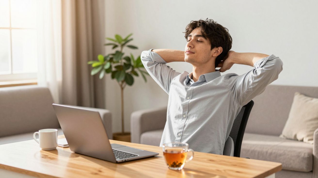 Jovem sentado em cadeira de escritório, com laptop e café, relaxando com braços atrás da cabeça.