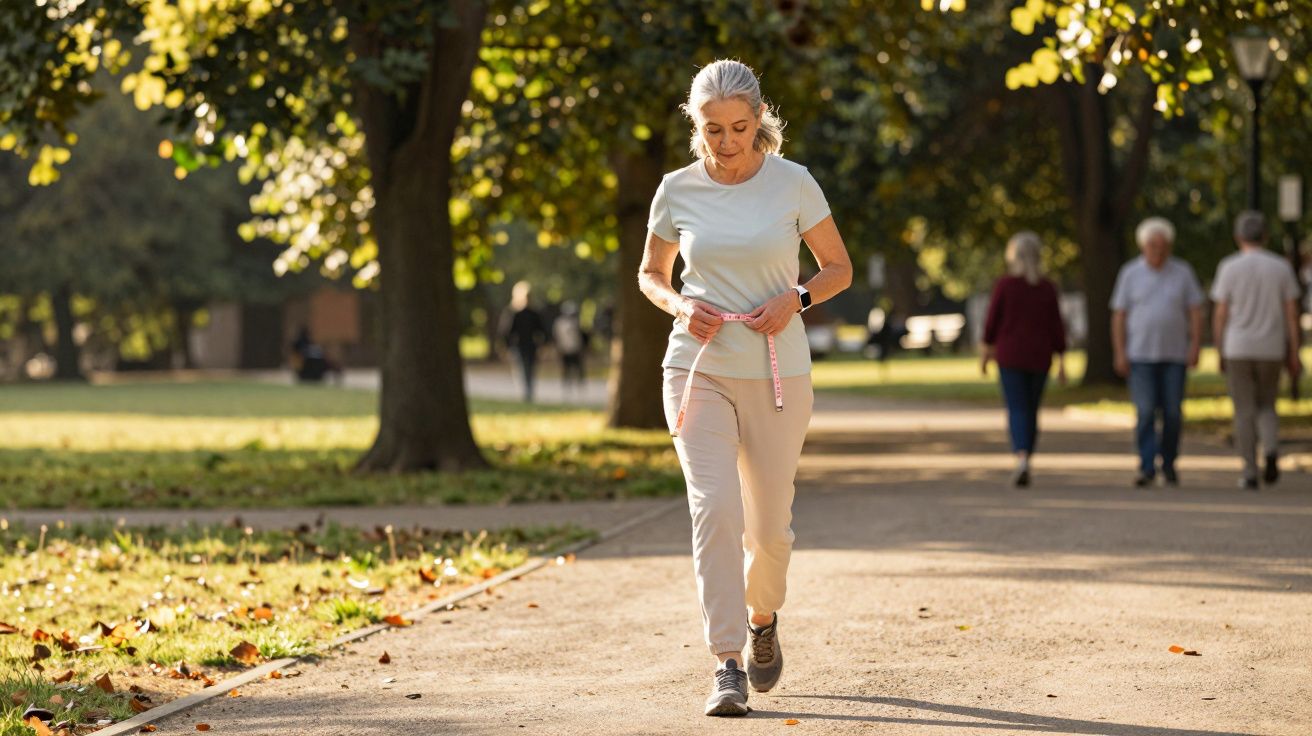 Mulher madura caminhando no parque medindo a cintura com fita métrica em dia ensolarado.