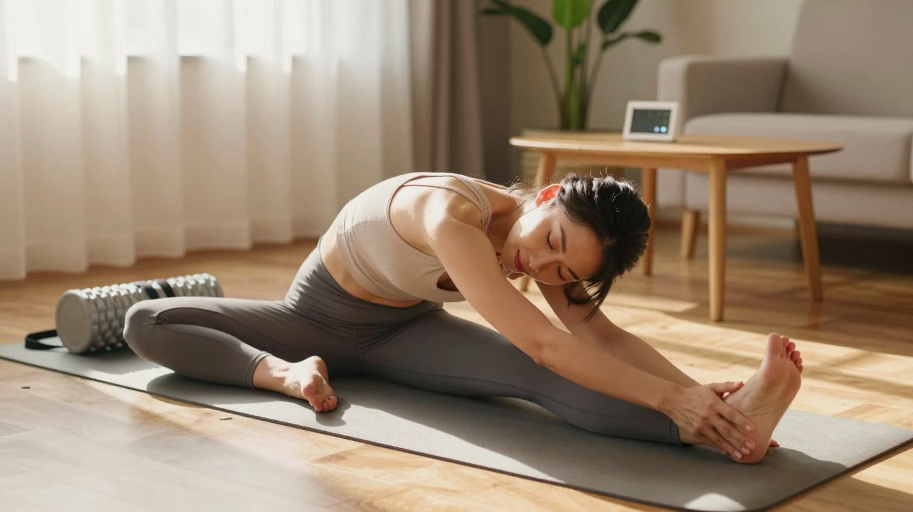 Mulher jovem fazendo alongamento sentado no tapete em sala com luz natural e móveis claros.