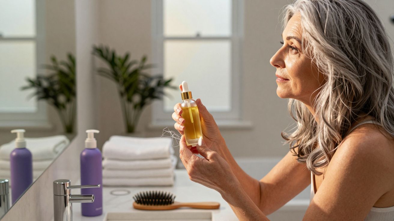 Mulher madura segurando frasco de óleo capilar no banheiro iluminado pela manhã.