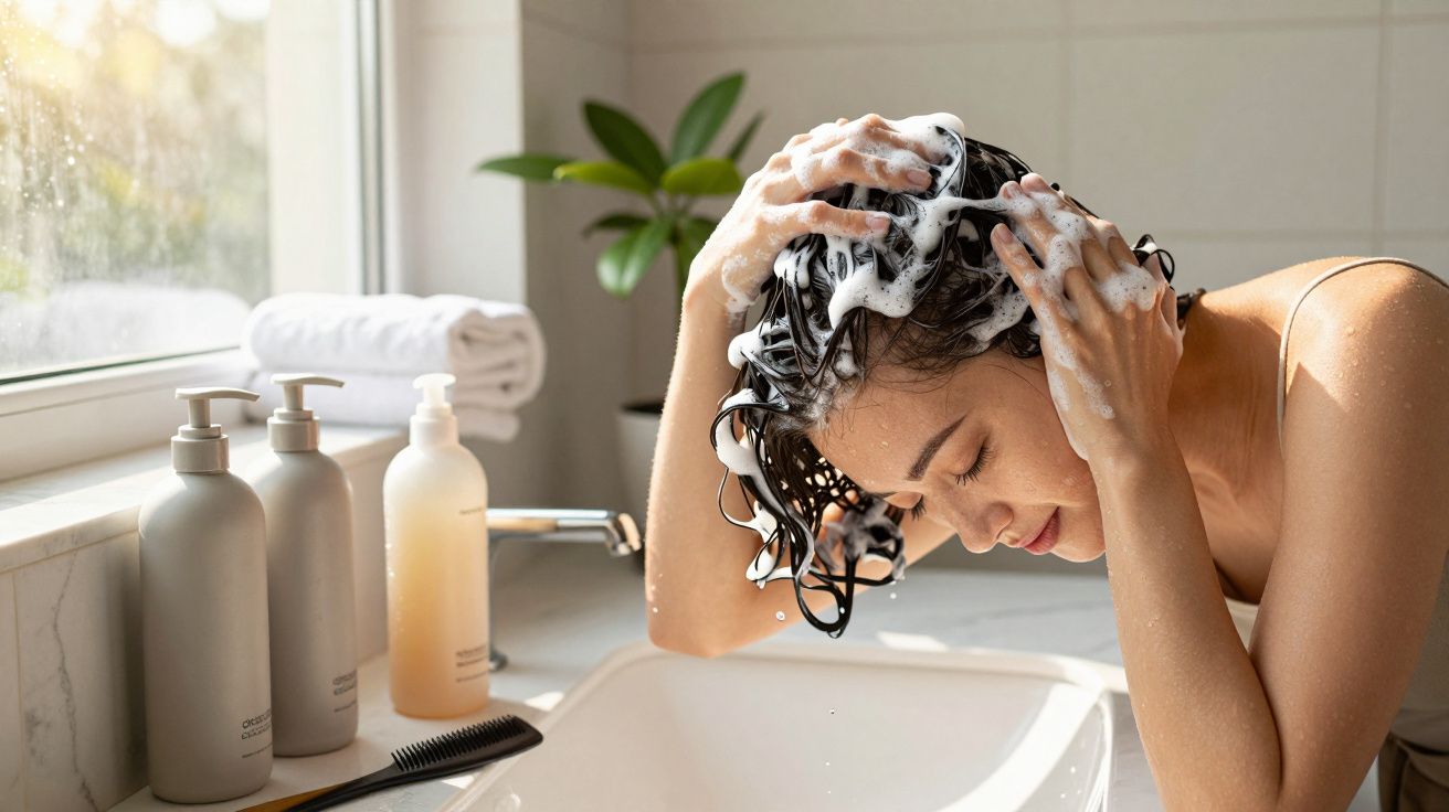 Mulher lavando o cabelo com espuma de shampoo em banheiro iluminado pela luz natural.