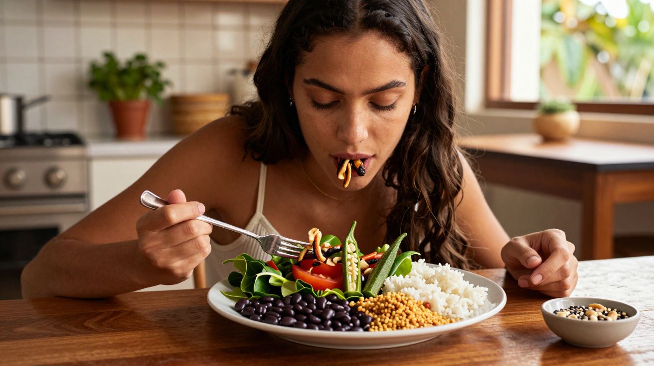 Mulher comendo salada colorida com arroz, feijão preto e grãos sentada à mesa na cozinha.