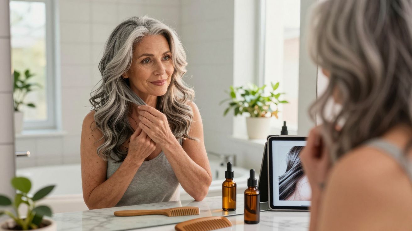 Mulher madura com cabelos grisalhos penteia o cabelo em frente ao espelho do banheiro moderno.