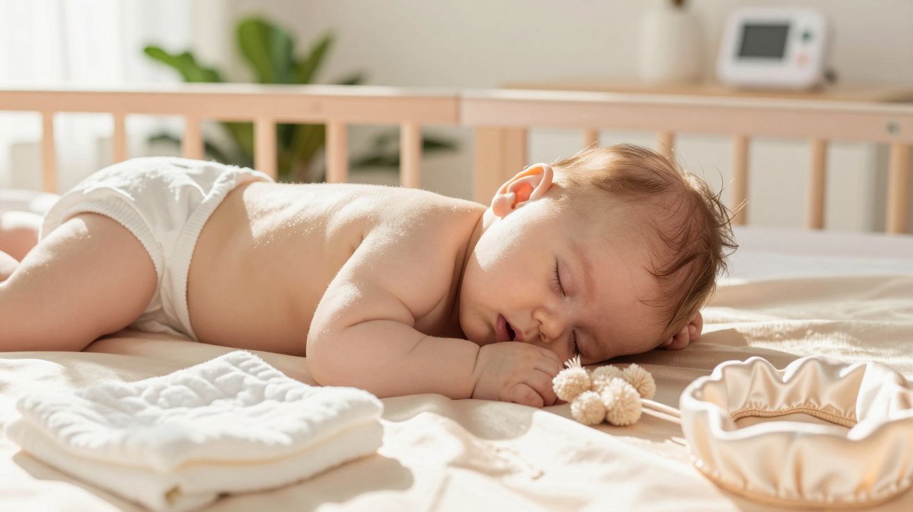 Bebê dormindo de lado em berço com fralda e objetos macios ao redor em ambiente iluminado.