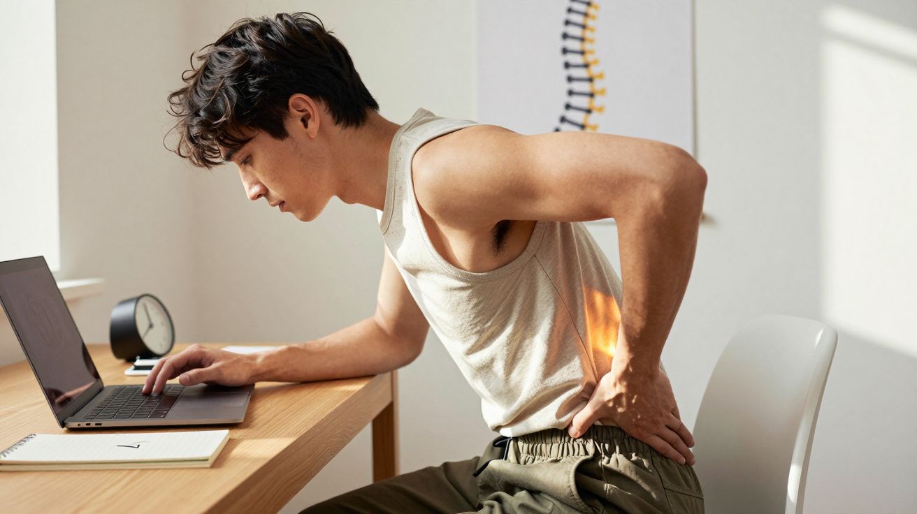 Jovem sentado com dor nas costas enquanto usa laptop em ambiente iluminado por luz natural.