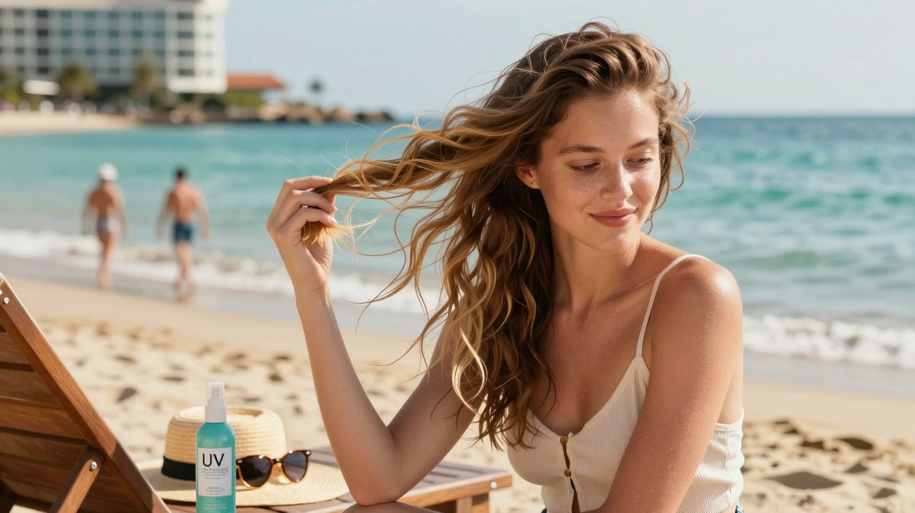 Mulher sorrindo e segurando o cabelo sentada em cadeira na praia com mar ao fundo.