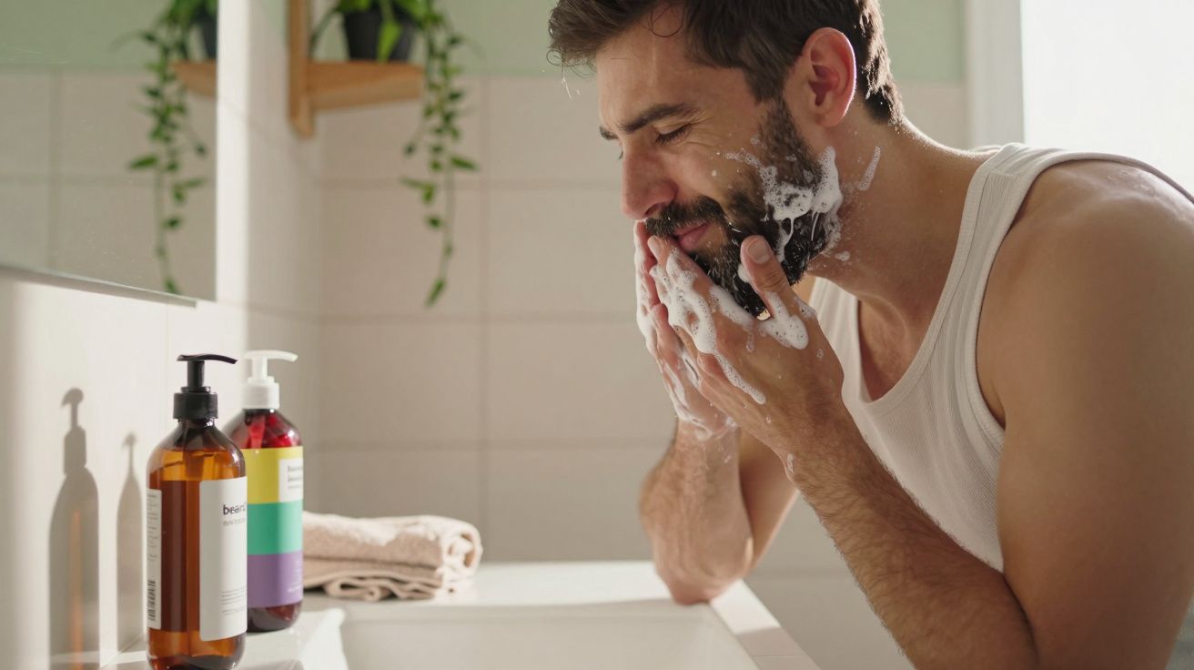 Homem lavando o rosto com espuma branca no banheiro, ao lado de frascos de sabonete líquido.