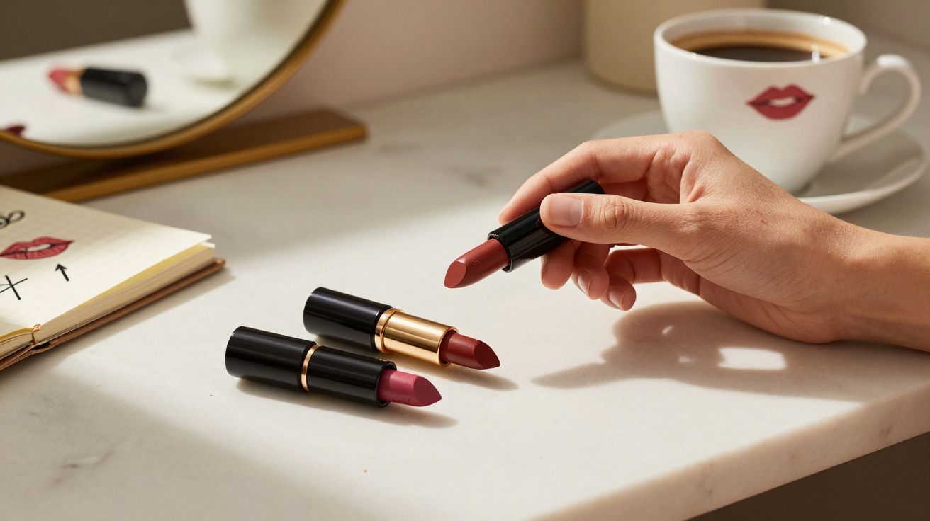 Mão segurando batom vermelho, dois batons sobre mesa, xícara de café com lábios desenhados e espelho ao fundo.