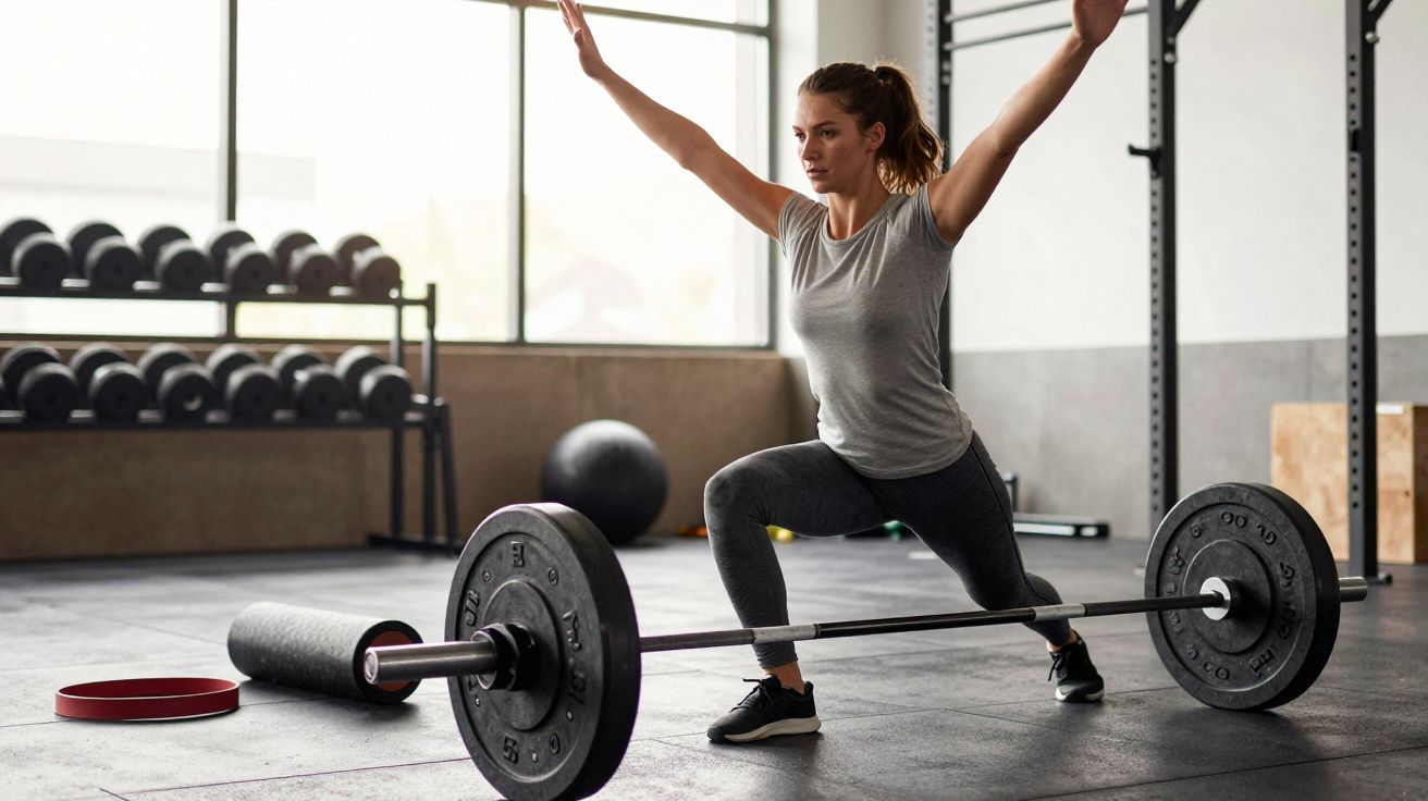 Mulher treinando agachamento com barra em academia moderna, com equipamento ao fundo.