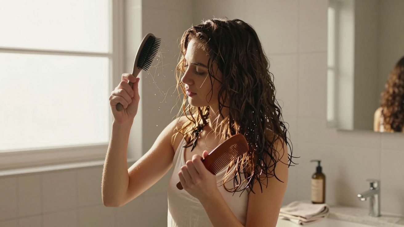 Mulher penteando cabelo molhado em banheiro iluminado pela luz natural da janela.