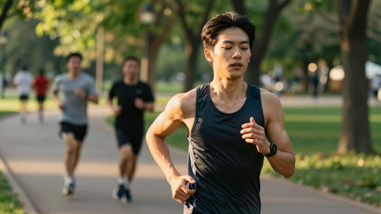 Homem correndo em parque com outras pessoas ao fundo em dia ensolarado.