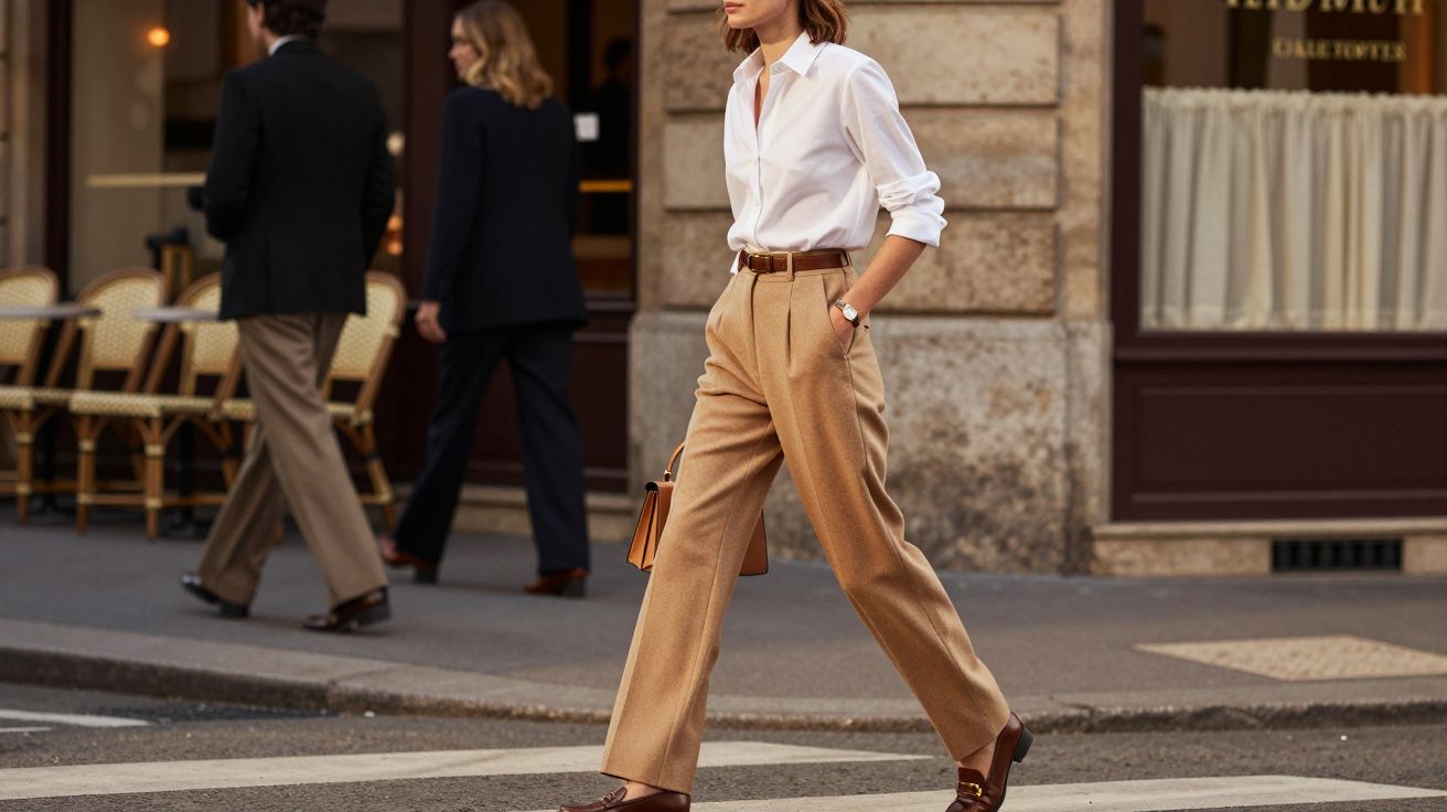 Mulher vestindo camisa branca e calça marrom caminhando na faixa de pedestres em rua urbana.
