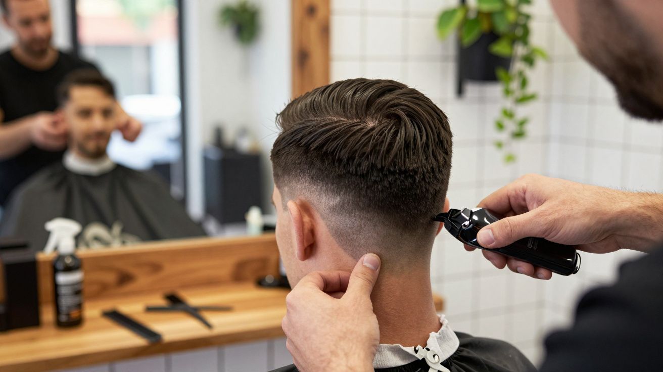 Homem recebendo corte de cabelo com máquina em barbearia moderna com espelho e decoração branca.
