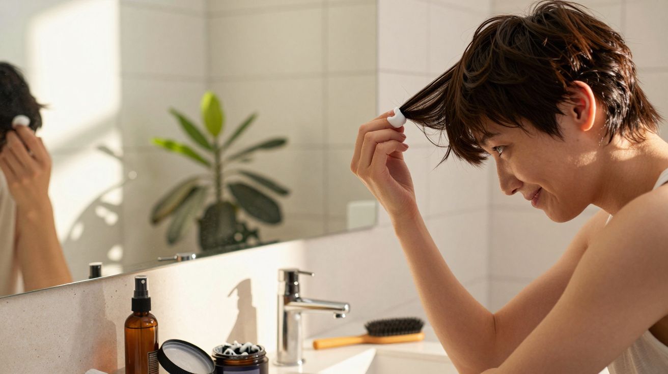 Pessoa aplicando produto no cabelo curto em frente ao espelho no banheiro com plantas ao fundo.