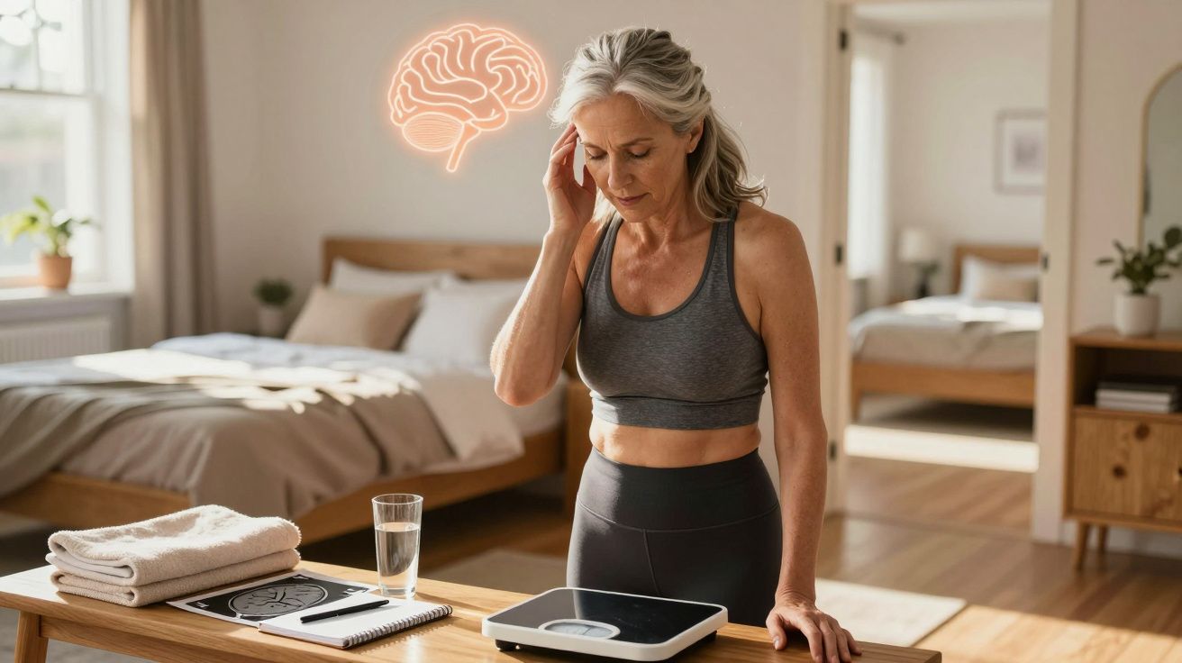 Mulher com expressão de dor na cabeça em quarto ao lado de balança, copo de água, caderno e toalhas.