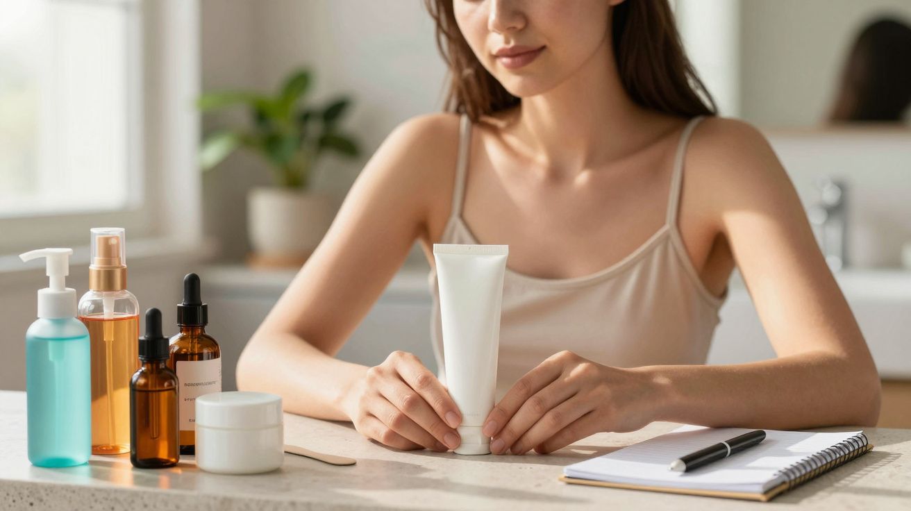 Mulher segurando tubo de creme com frascos de cosméticos sobre a bancada e caderno ao lado.