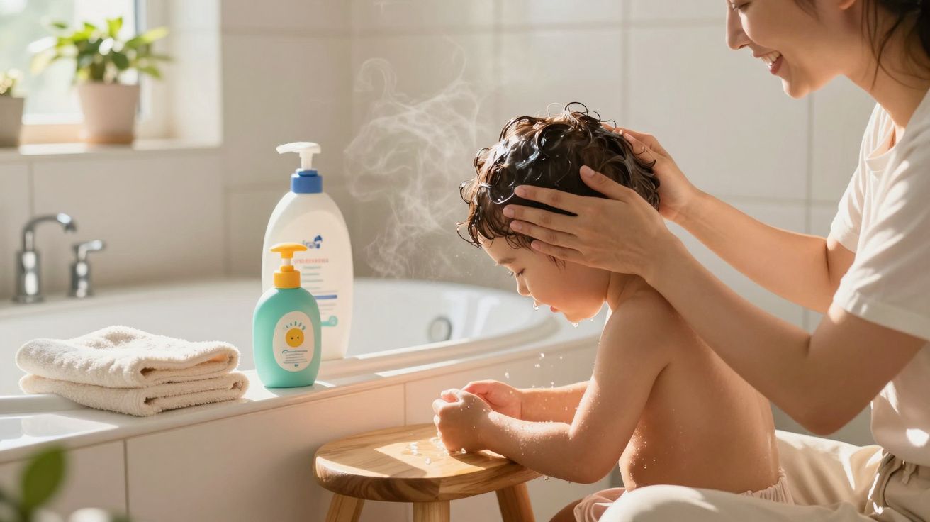 Mãe lavando o cabelo de criança sentada no banheiro com toalhas e produtos ao lado.