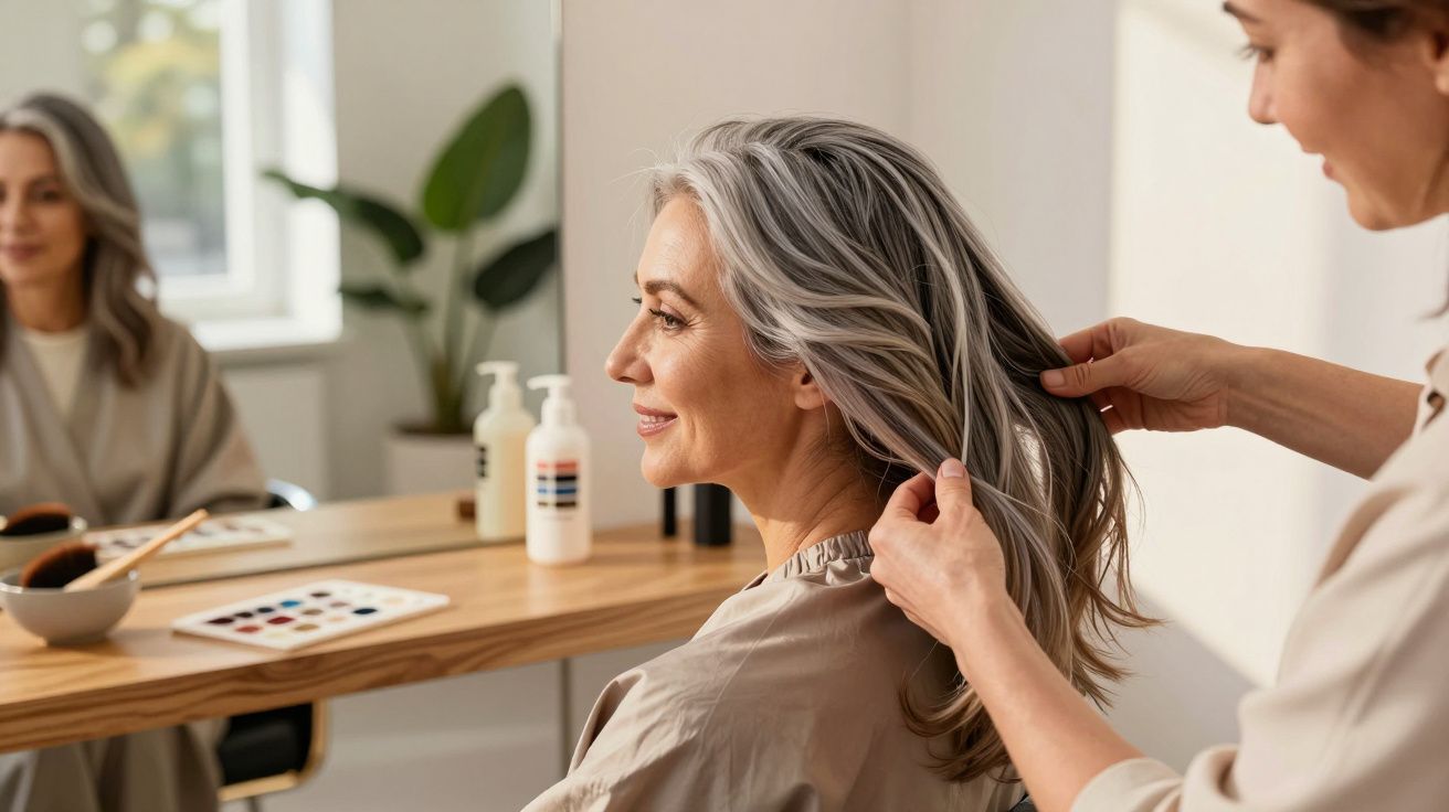 Mulher sorrindo em salão de beleza enquanto cabeleireira arruma seu cabelo grisalho e longo.