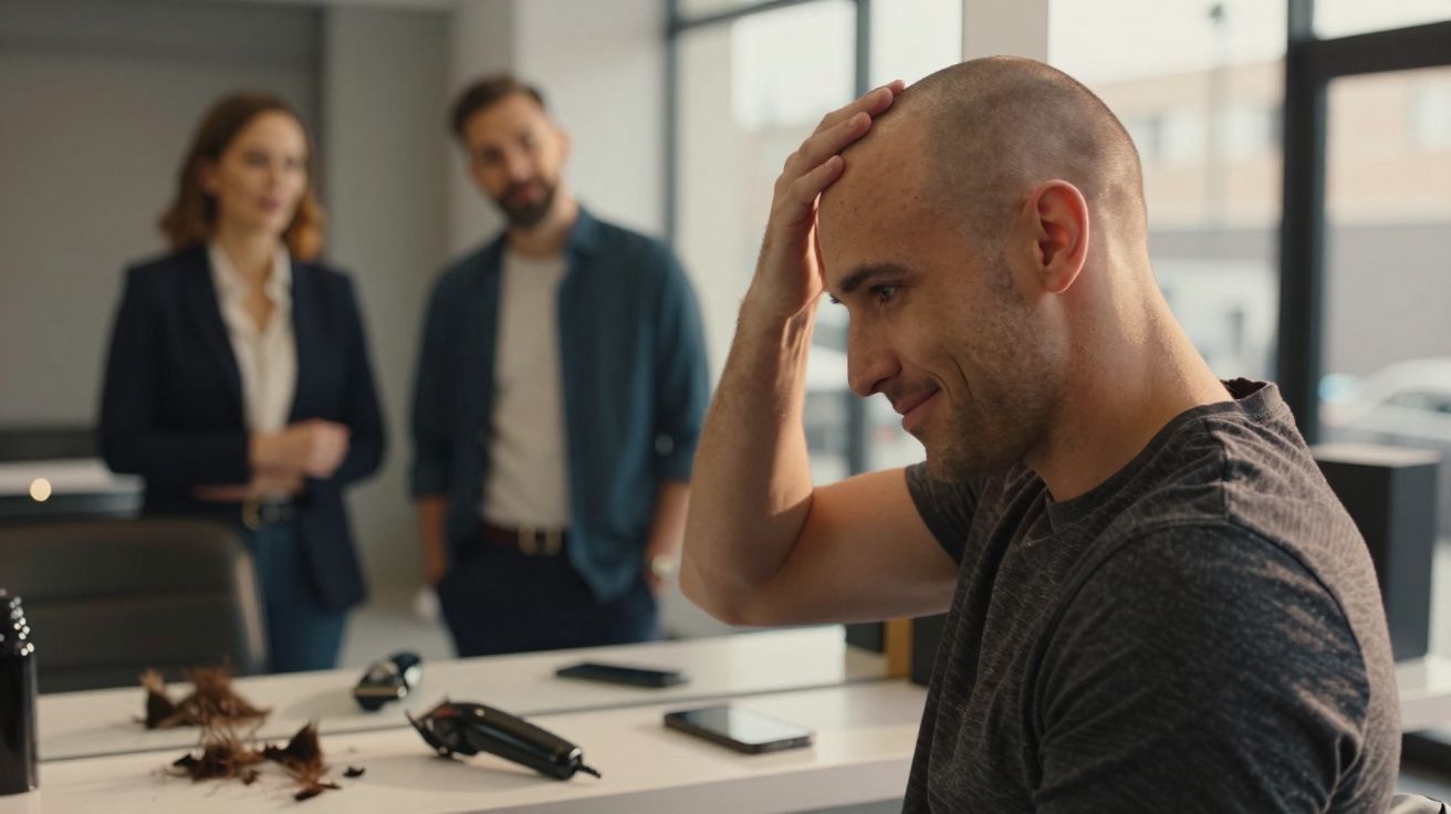Homem calvo segurando a cabeça, com tesoura, cabelo cortado e duas pessoas observando ao fundo em escritório.