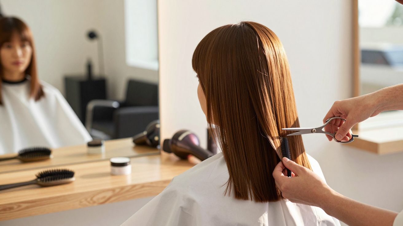 Pessoa sentada em salão de beleza tendo o cabelo cortado por cabeleireiro com tesoura.