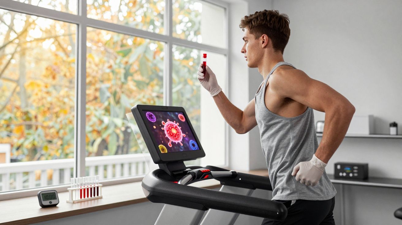 Homem correndo na esteira segurando tubo de ensaio com sangue em laboratório moderno.