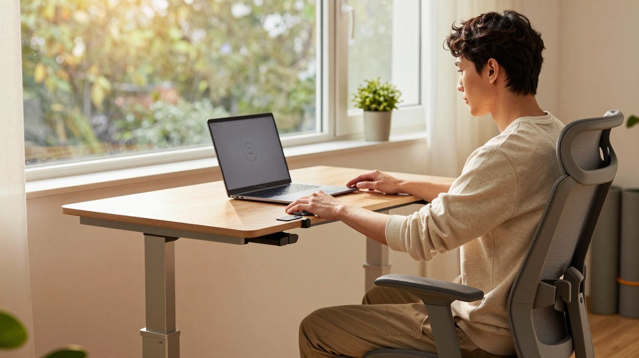 Jovem sentado em cadeira ergonômica trabalhando em notebook em mesa próxima à janela com vaso de planta.