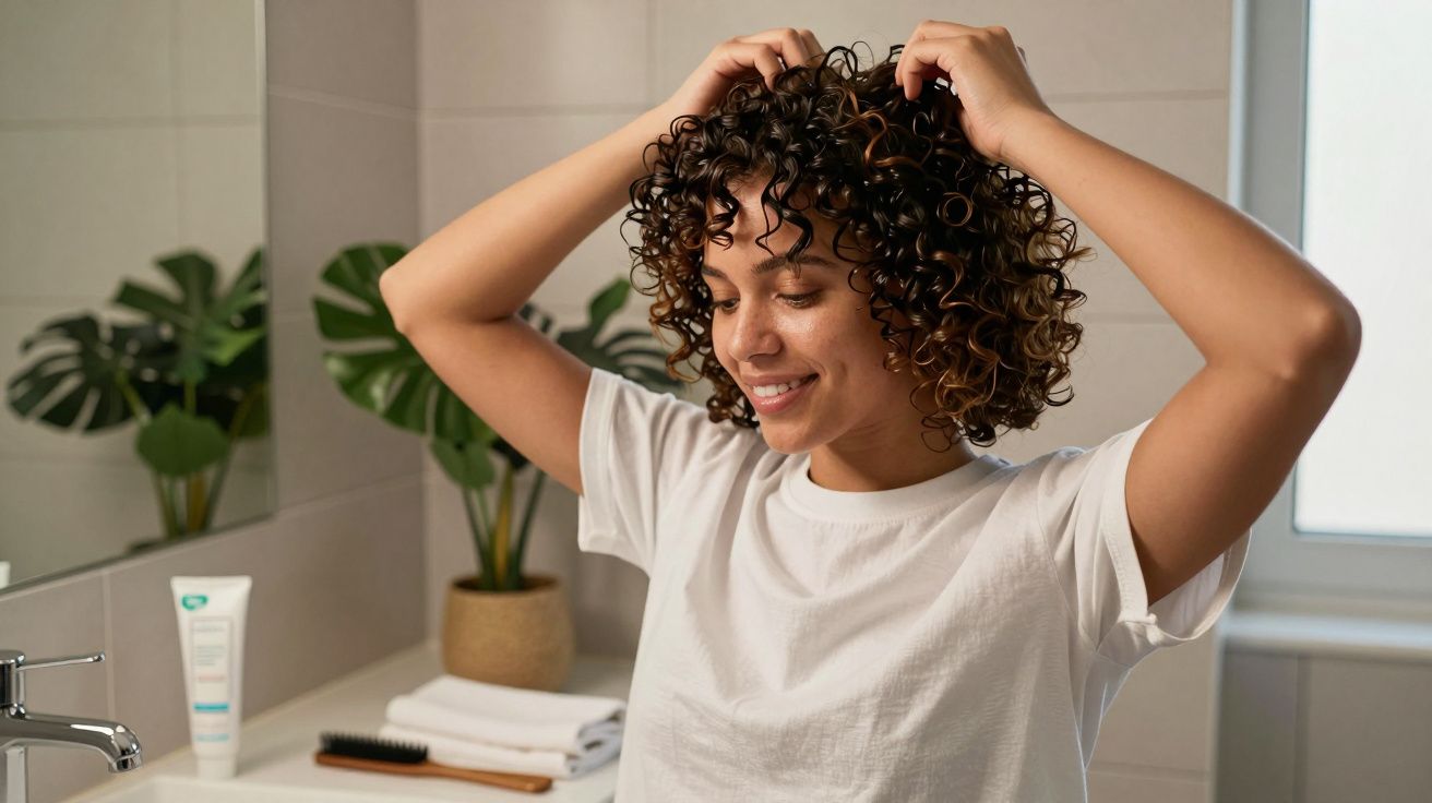 Jovem sorridente arrumando cabelo cacheado em banheiro com toalhas e plantas ao fundo.