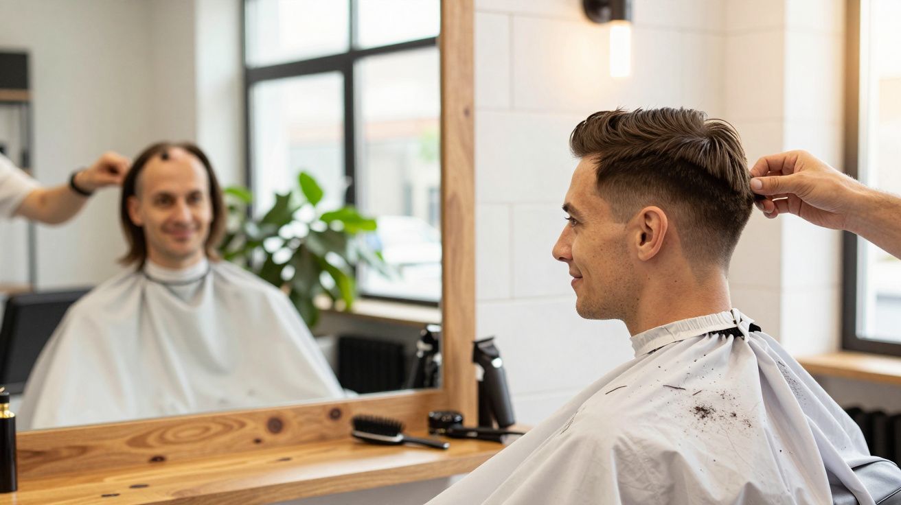 Homem sorridente fazendo corte de cabelo em barbearia, olhando para o espelho.