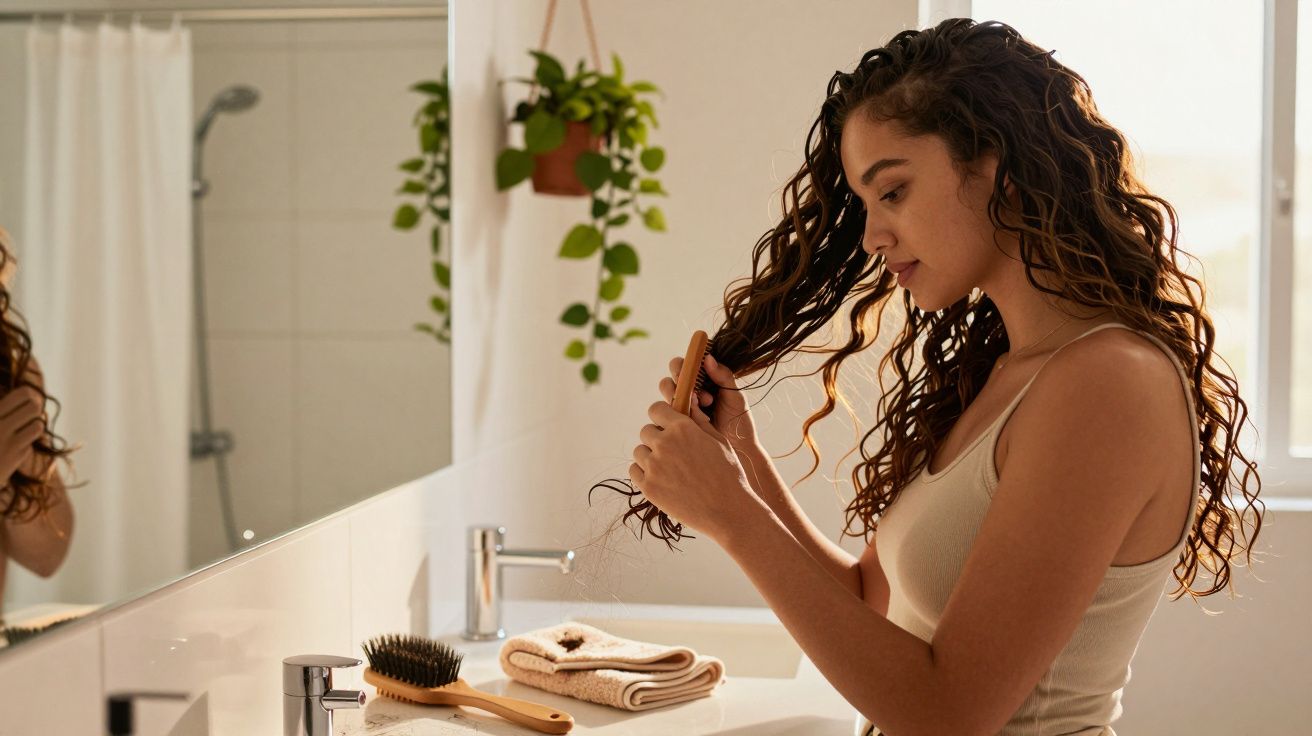 Mulher penteando cabelo cacheado em frente ao espelho no banheiro iluminado natural.