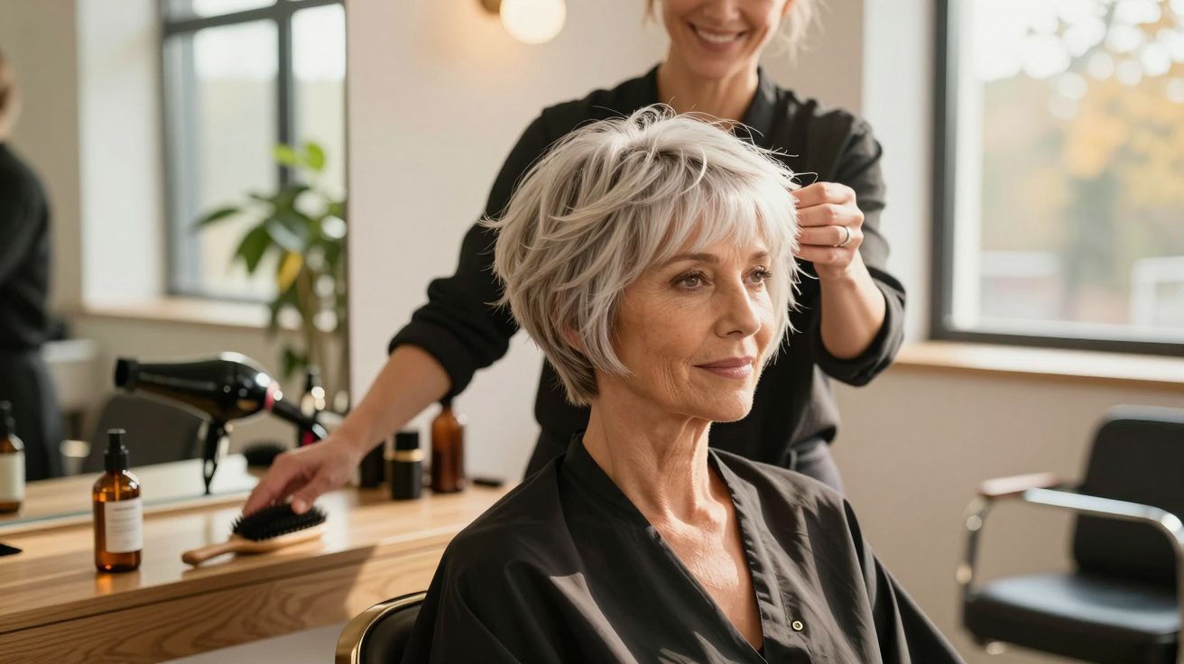 Mulher madura com cabelo curto grisalho sendo arrumada por cabeleireira em salão moderno.