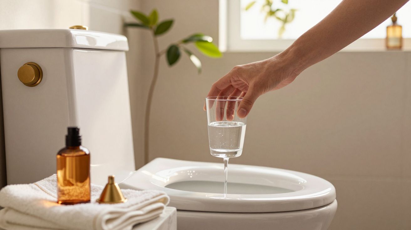 Pessoa descartando água de copo em vaso sanitário branco em banheiro com toalhas e frascos.