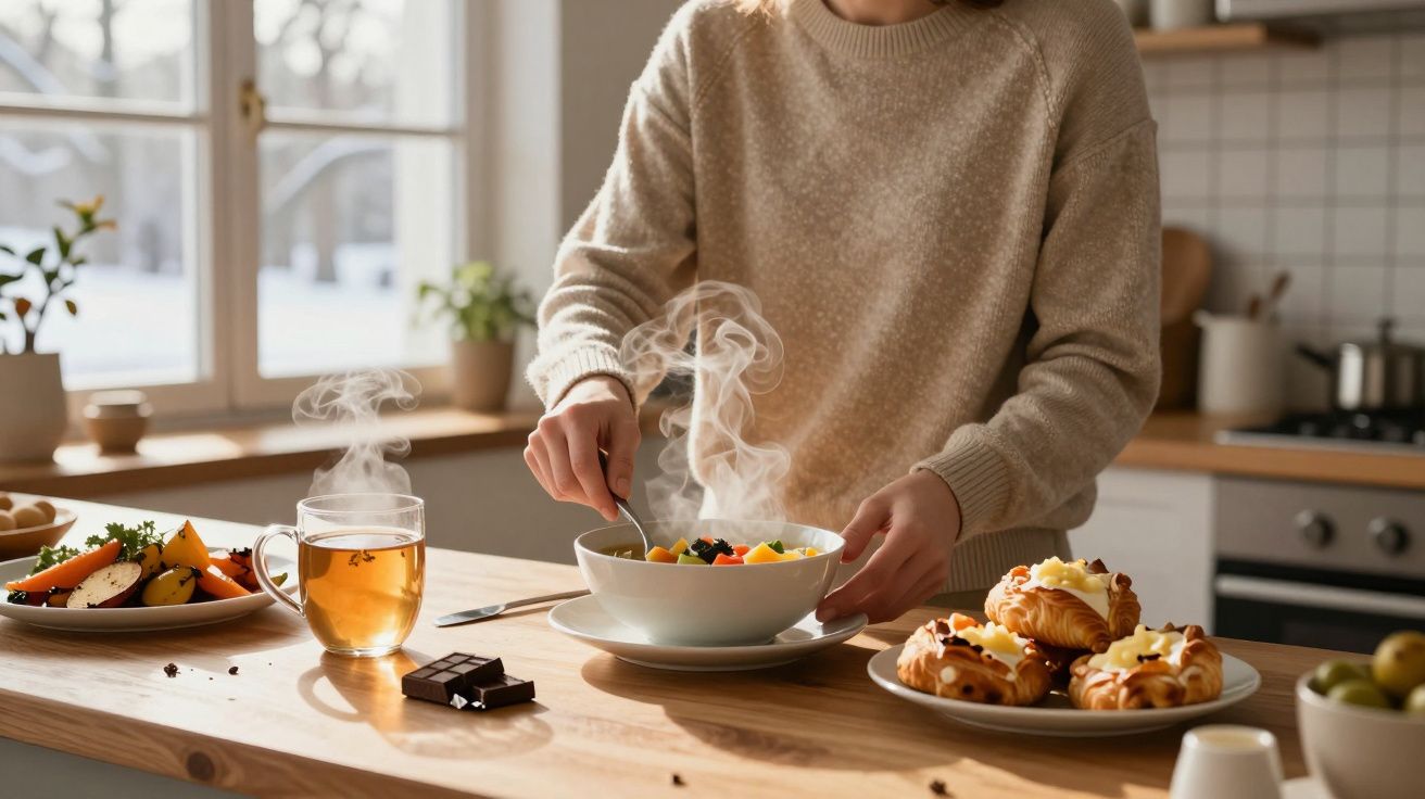 Pessoa mexendo em sopa quente com vapor, ao lado de chá, chocolate, salada e doces em bancada de cozinha.
