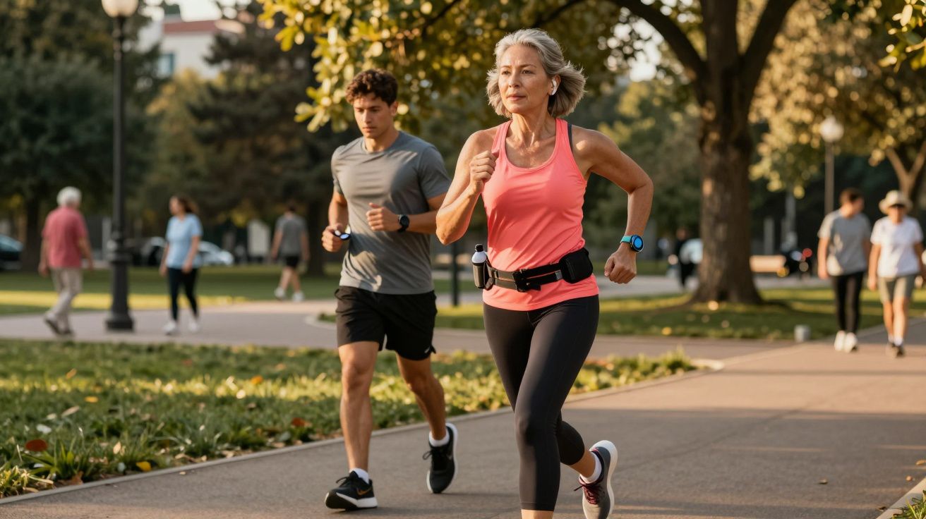 Mulher e homem correndo em parque ao ar livre com árvores e outras pessoas ao fundo.