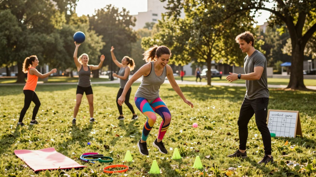 Grupo de pessoas praticando exercícios ao ar livre em parque ensolarado, com equipamentos e cones coloridos.