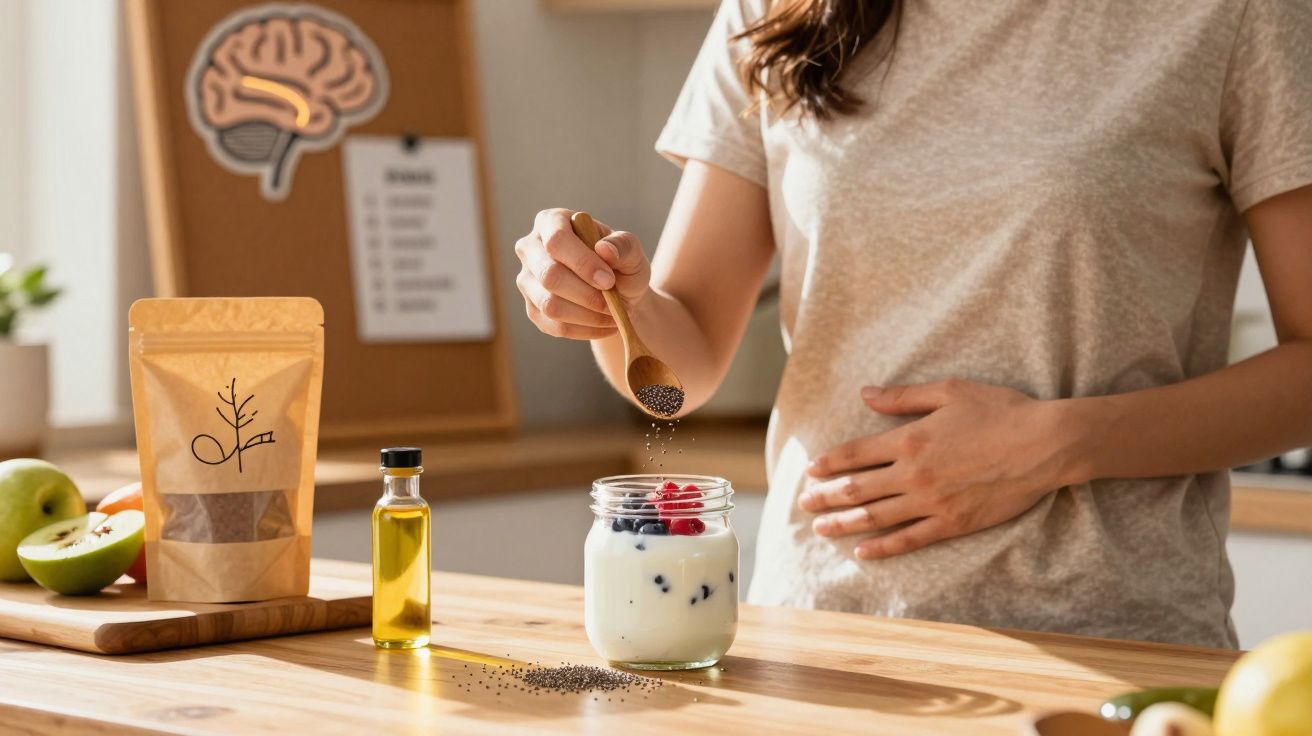 Pessoa colocando sementes em iogurte com frutas em cozinha, focando em alimentação saudável.