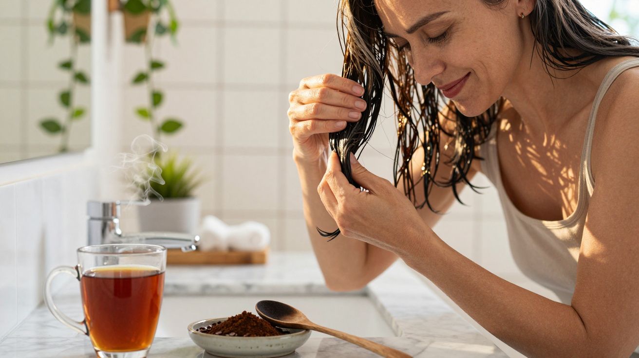 Mulher aplicando produto natural de café nos cabelos molhados em banheiro iluminado.