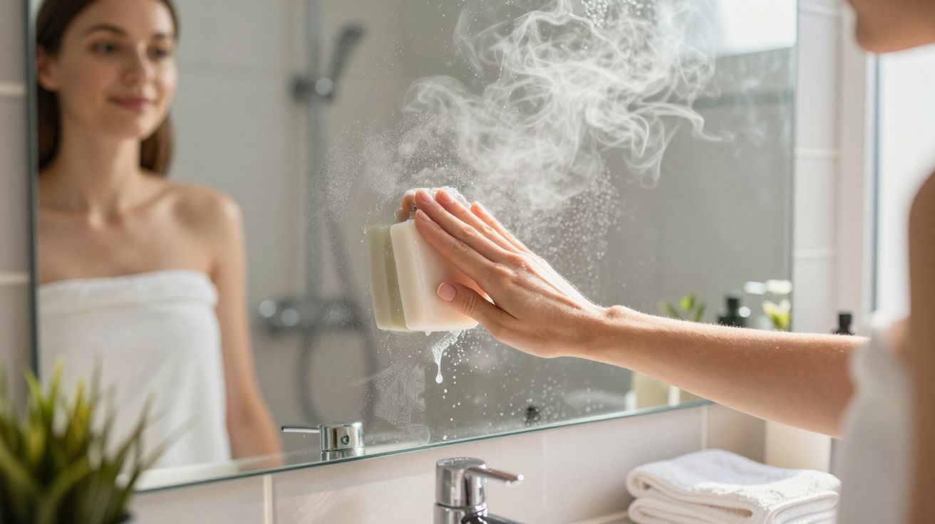 Mulher com toalha limpa espelho do banheiro com sabão, vapor visível no vidro.