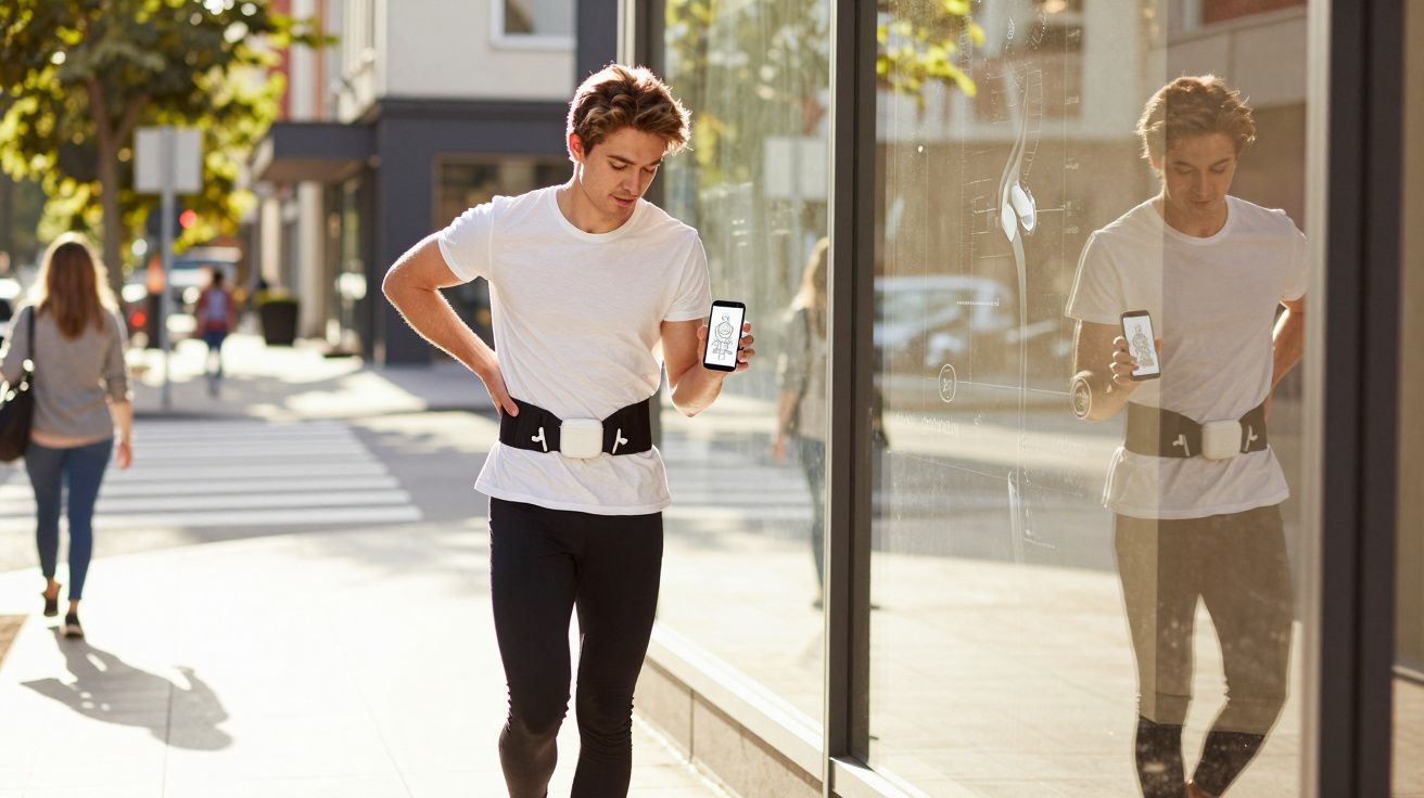 Jovem com camiseta branca e calça preta segurando celular e usando cinto esportivo na rua ao lado de vitrine.
