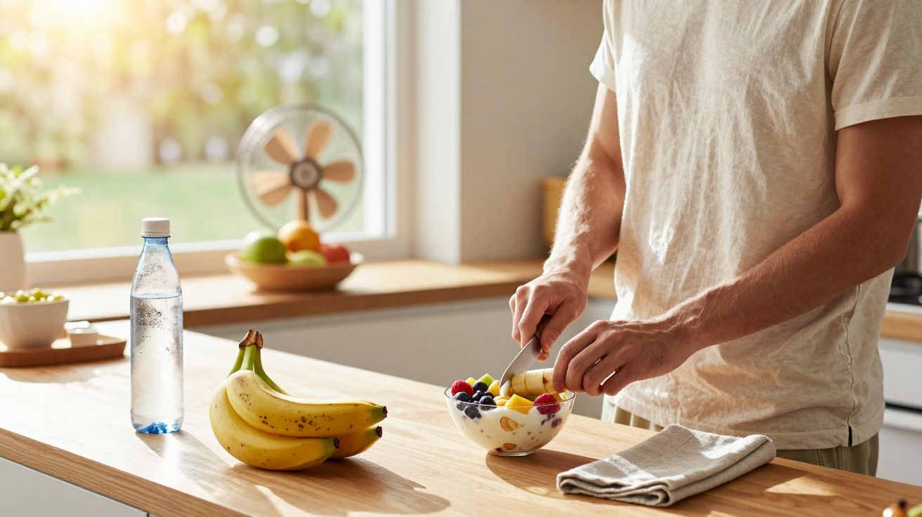 Pessoa cortando banana para tigela de frutas com iogurte em cozinha iluminada pelo sol, com garrafa de água e bananas na banc