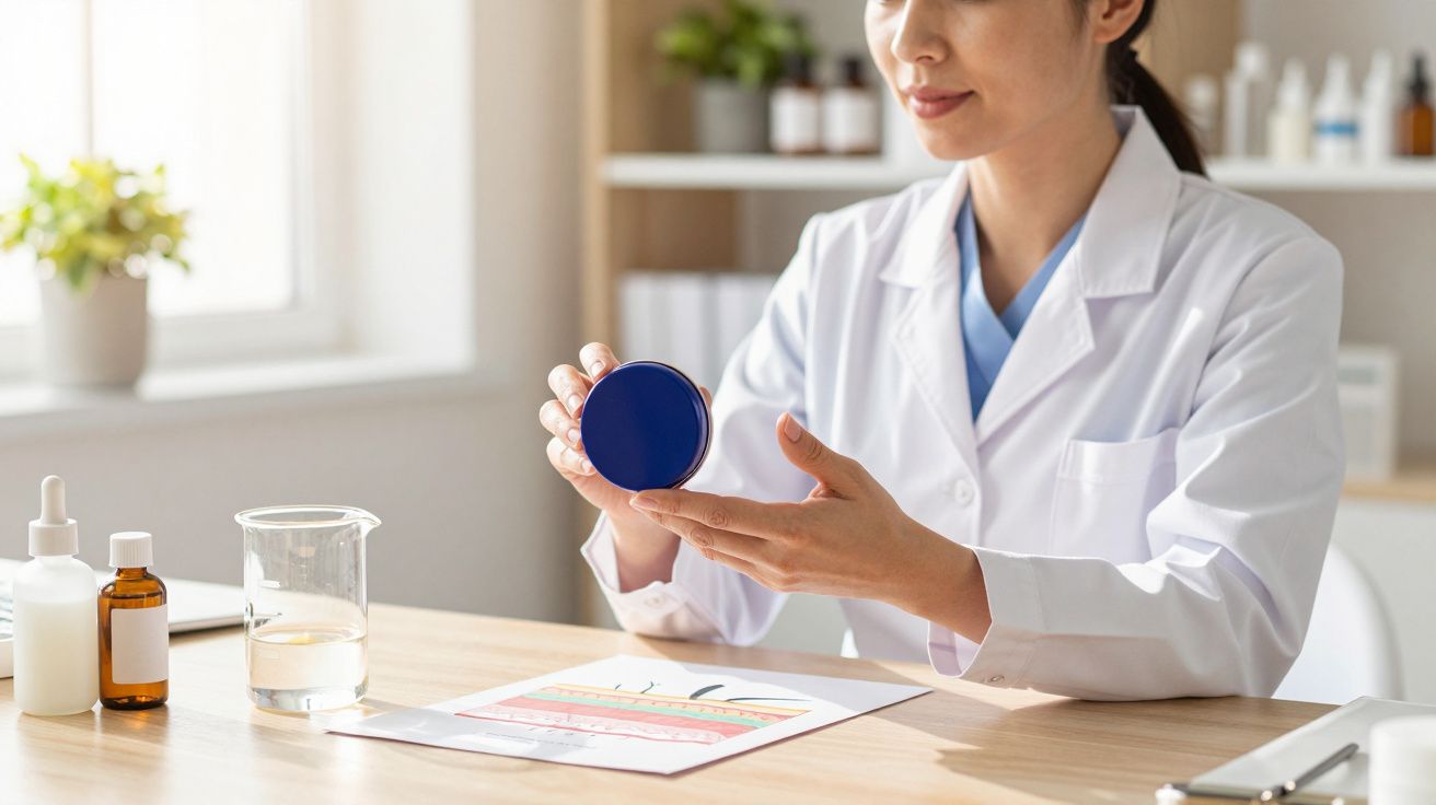 Mulher em jaleco branco segurando pote azul em mesa com frascos e papel com gráfico colorido.