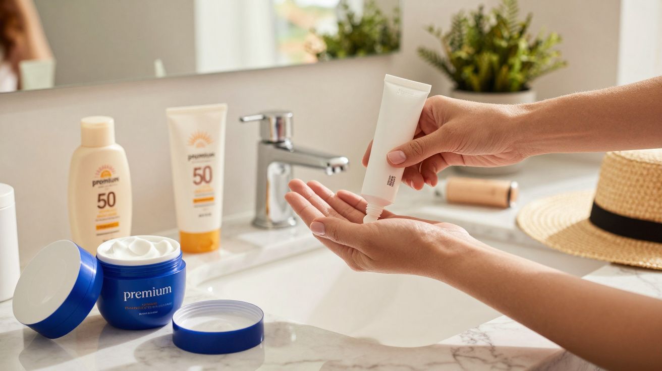 Pessoa aplicando creme nas mãos em banheiro com frascos de protetor solar e hidratante ao fundo.