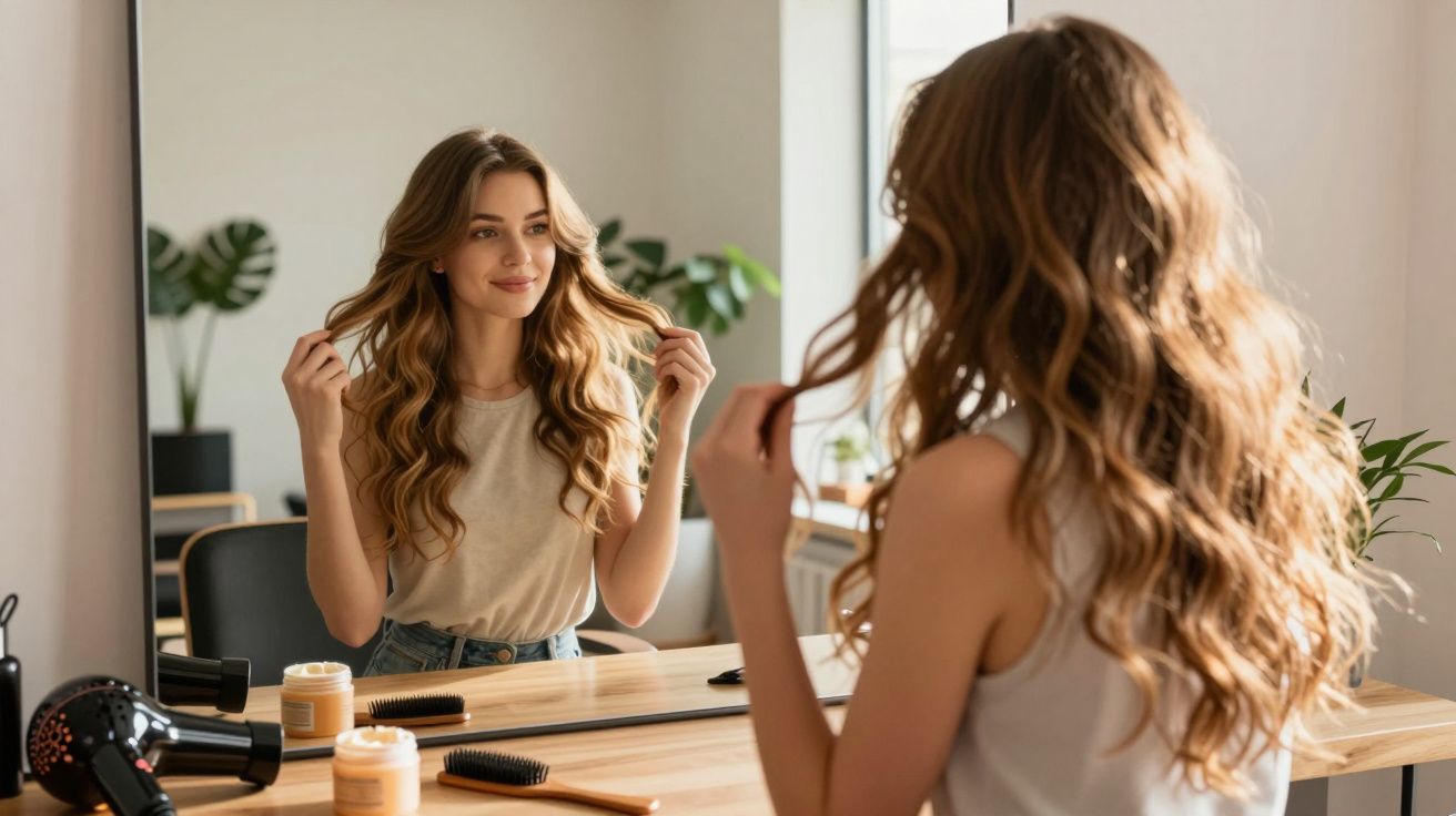 Mulher sorrindo enquanto arruma o cabelo ondulado em frente ao espelho em um ambiente iluminado.