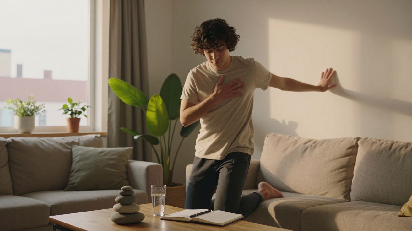 Jovem ajoelhado na sala com mão no peito e expressão de desconforto, segurando a parede.