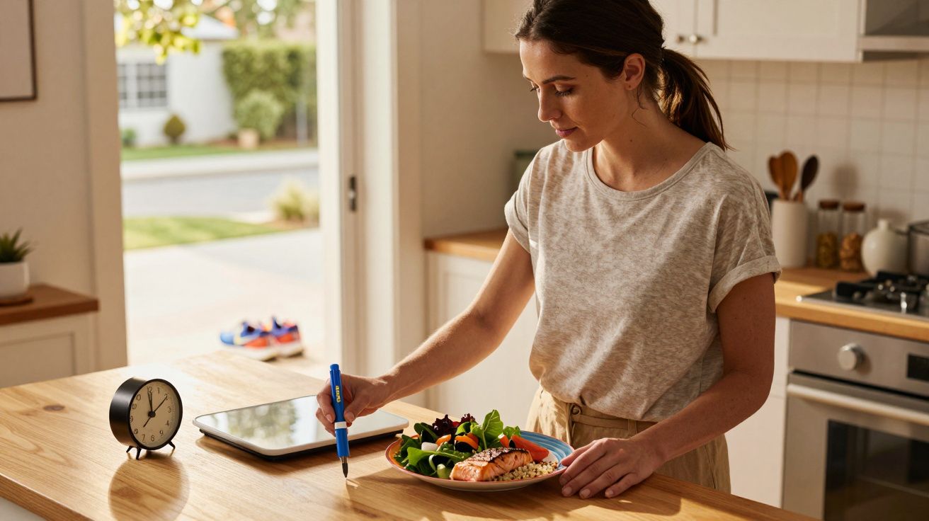 Mulher na cozinha anotando na mesa junto a prato com salada, salmão e relógio analógico preto.