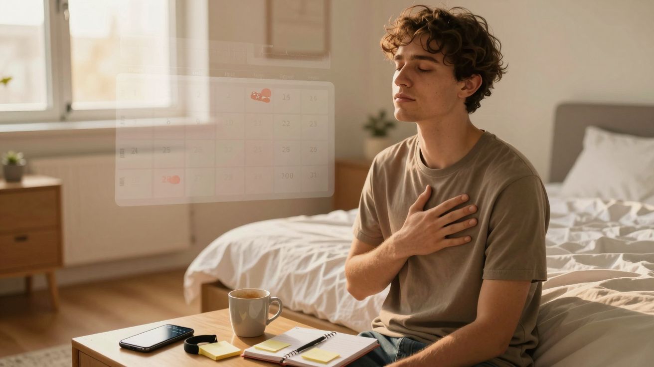 Jovem sentado na cama fazendo exercício de respiração com a mão no peito, ao lado agenda e celular.