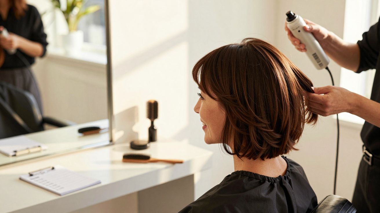 Cliente com cabelo curto sendo finalizado por cabeleireiro em salão iluminado com luz natural.