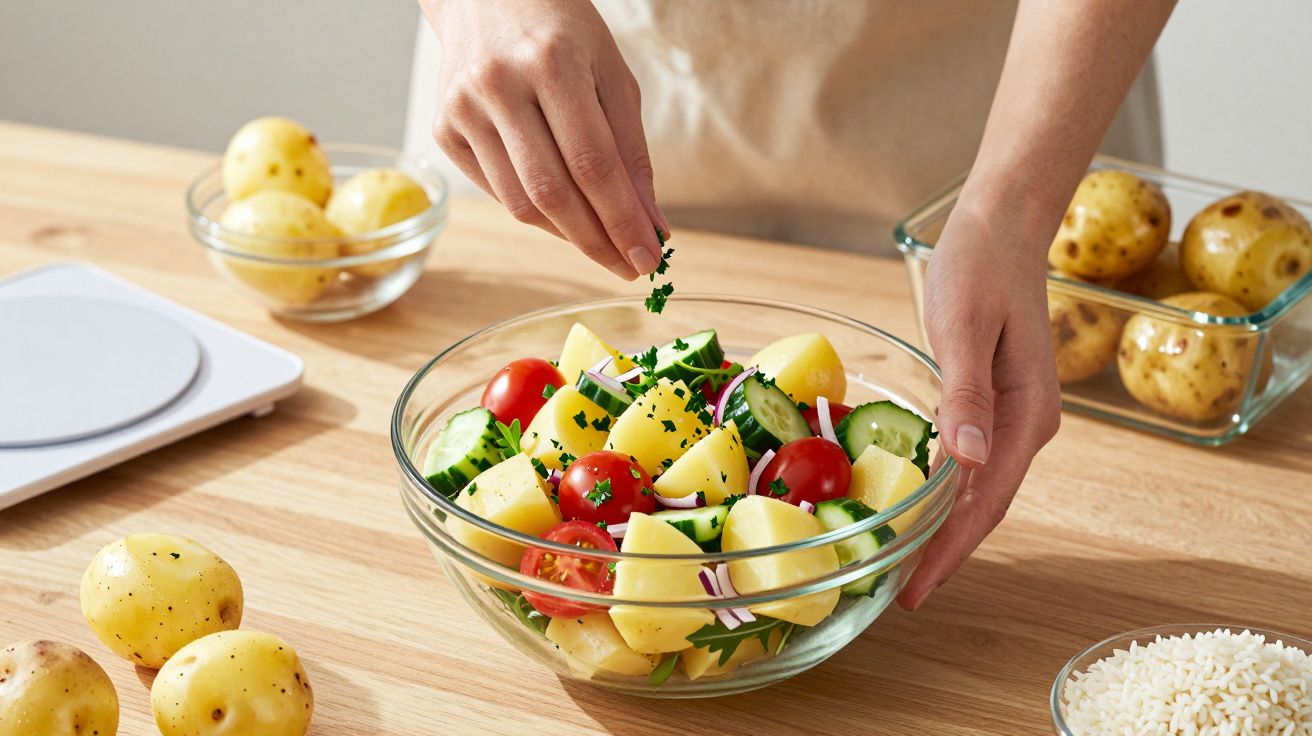 Mãos temperando salada com batata, tomate, pepino e cebola em tigela de vidro sobre bancada de madeira.