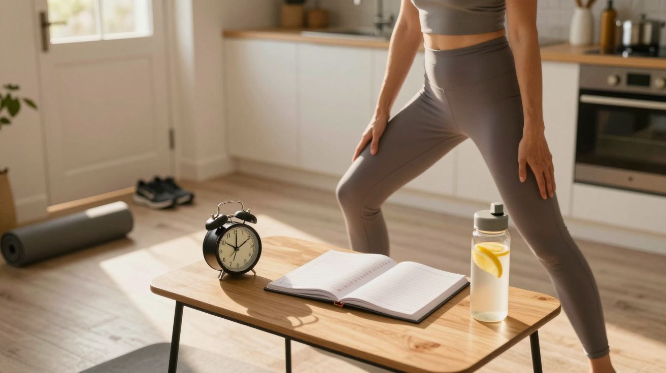 Mulher em roupas esportivas faz alongamento na sala com garrafa de água, relógio e caderno sobre a mesa.